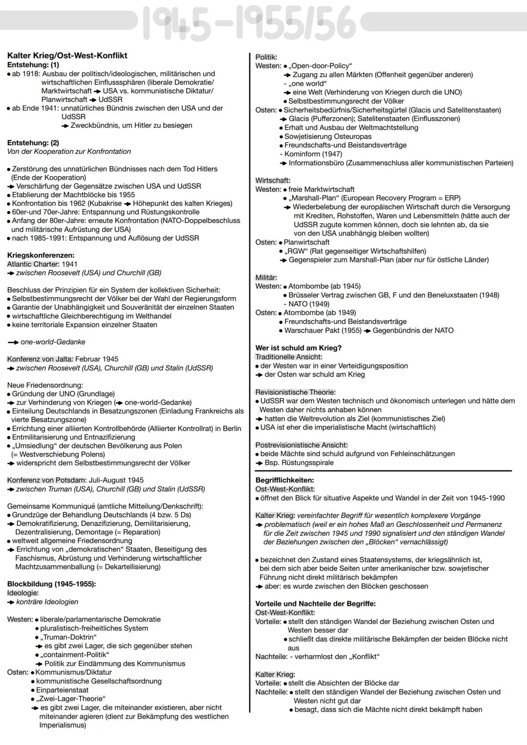 Kalter Krieg/Ost-West-Konflikt
Entstehung: (1)
• ab 1918: Ausbau der politisch/ideologischen, militärischen und
wirtschaftlichen Einflusssph