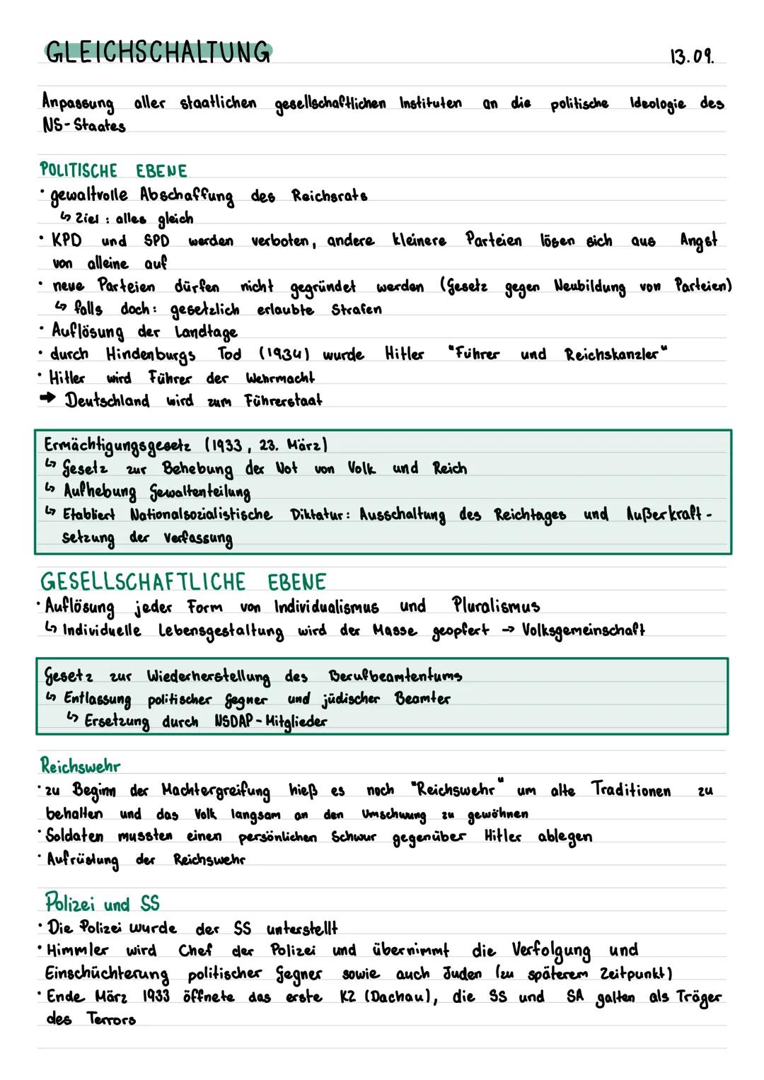 # GLEICHSCHALTUNG

Anpassung aller staatlichen gesellschaftlichen Instituten an die politische Ideologie des
NS-Staates

POLITISCHE EBENE

•