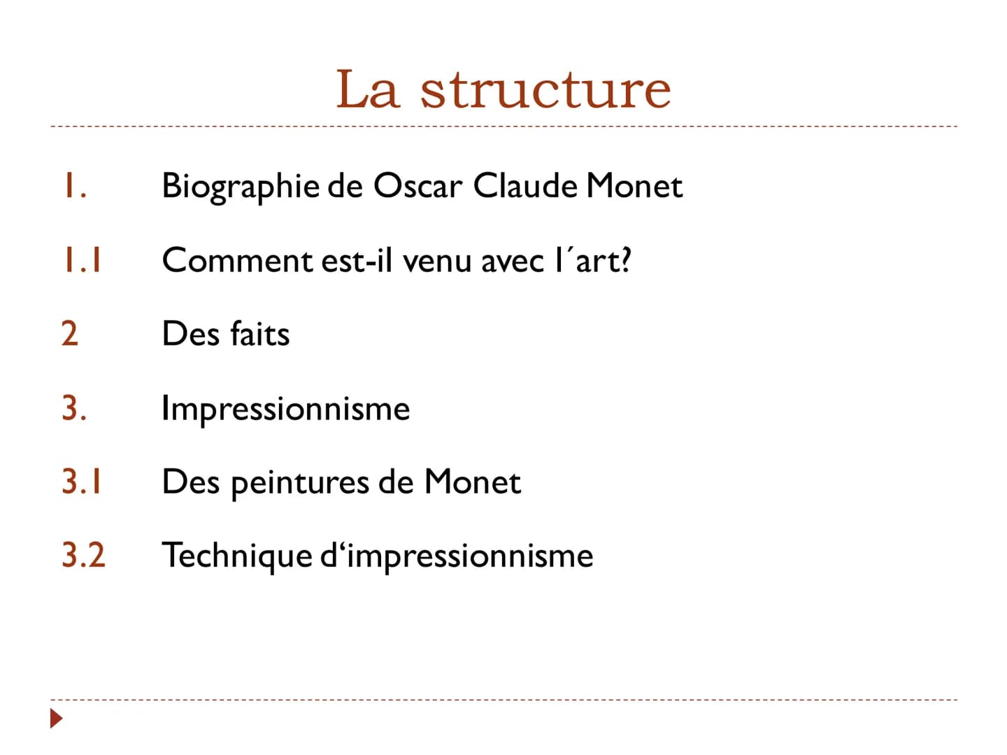 Claude Monet
Impressionnisme Nom de l'école
La matière
Prof
Nom de présentateur
E Jā
Oscar Claude Monet était un artiste de l'époque de l'im