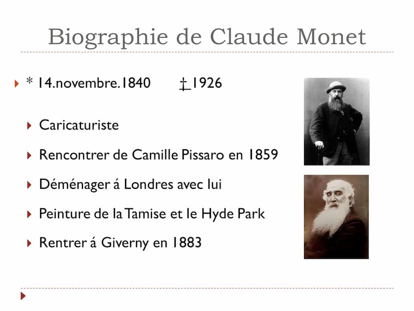 Claude Monet
Impressionnisme Nom de l'école
La matière
Prof
Nom de présentateur
E Jā
Oscar Claude Monet était un artiste de l'époque de l'im