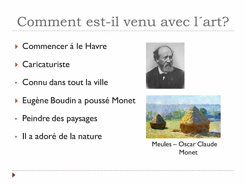 Claude Monet
Impressionnisme Nom de l'école
La matière
Prof
Nom de présentateur
E Jā
Oscar Claude Monet était un artiste de l'époque de l'im