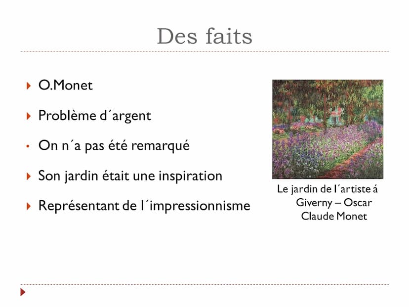 Claude Monet
Impressionnisme Nom de l'école
La matière
Prof
Nom de présentateur
E Jā
Oscar Claude Monet était un artiste de l'époque de l'im