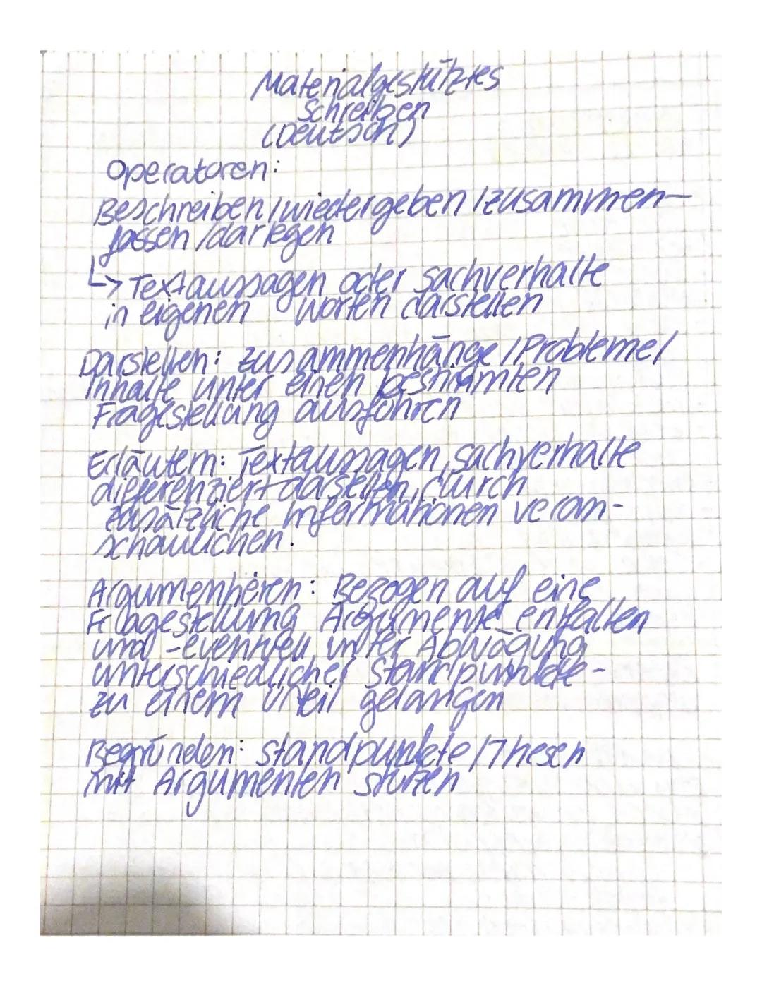 Maternalgesitzres
Schreiben
(Deutsch)
Operatoren:
Beschreiben wiedergeben lzusammen-
Jassen /darlegen
<-
Textaussagen oder sachverhalte
in e