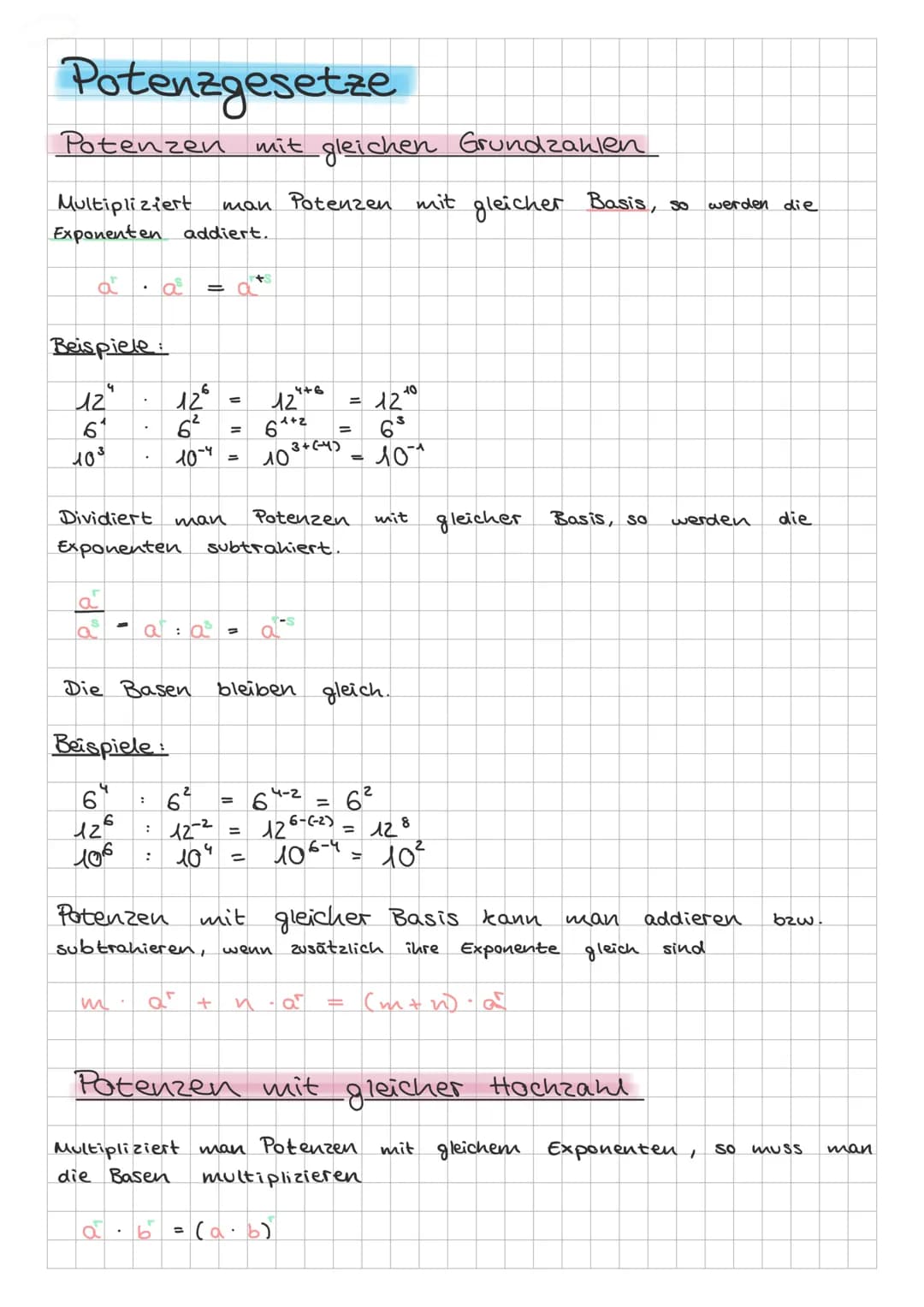 Potenzgesetze
Potenzen mit gleichen Grundzaklen
Multipliziert man Potenzen mit gleicher Basis, so werden die
Exponenten addiert.
a
Beispiele