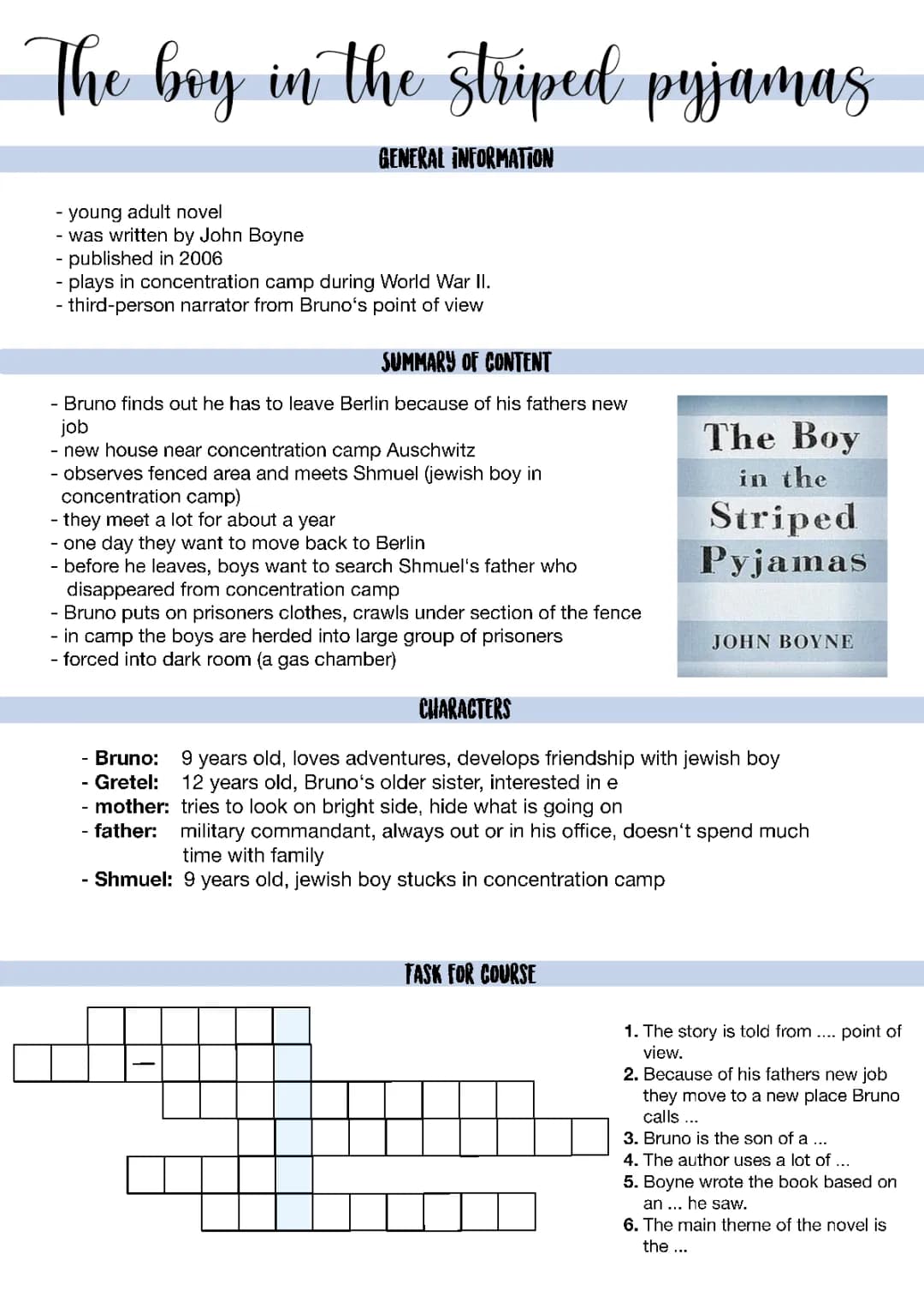 The Boy in the Striped Pajamas Summary & Info: Characters, Chapters, and Worksheets