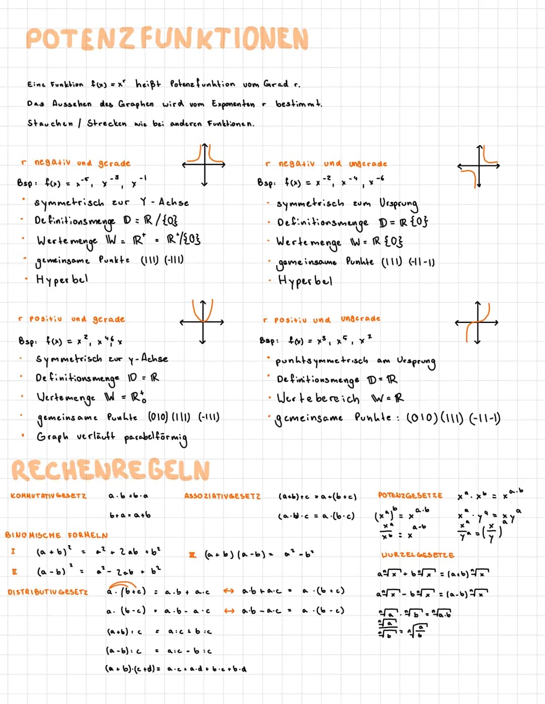 Mathe Lernzettel
I LINEARE FUNKTIONEN
QUADRATISCHE FUNKTIONEN
III POTENZFUNKTIONEN
f(x) = m. x+b
1, keine oder ∞ Nullstellen
LINEARE FUNKTIO