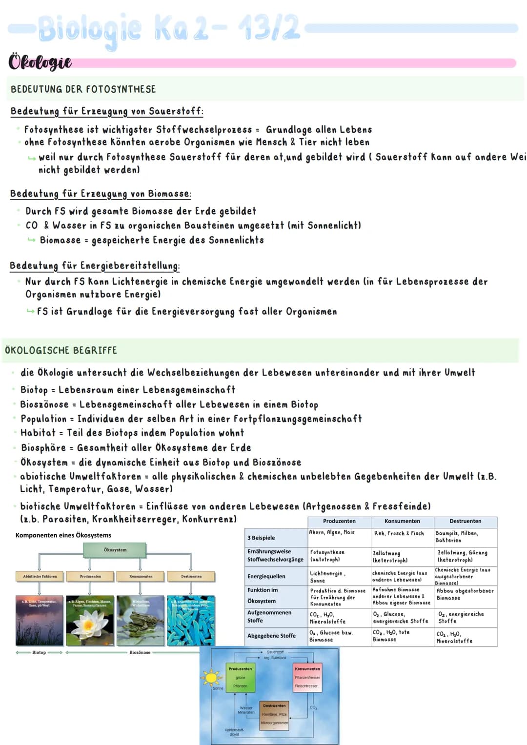 Biologie Ka 2-13/2
Ökologie
BEDEUTUNG DER FOTOSYNTHESE
Bedeutung für Erzeugung von Sauerstoff:
=
Fotosynthese ist wichtigster Stoffwechselpr