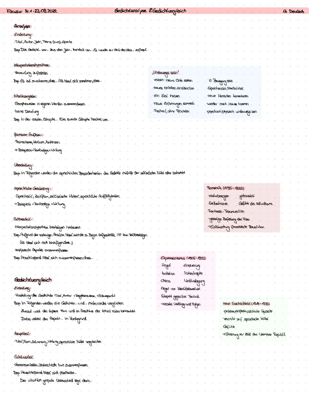 Gedichtanalyse und Gedichtvergleich (Romantik,Expressionismus, neue Sachlichkeit, unterwegs sein )