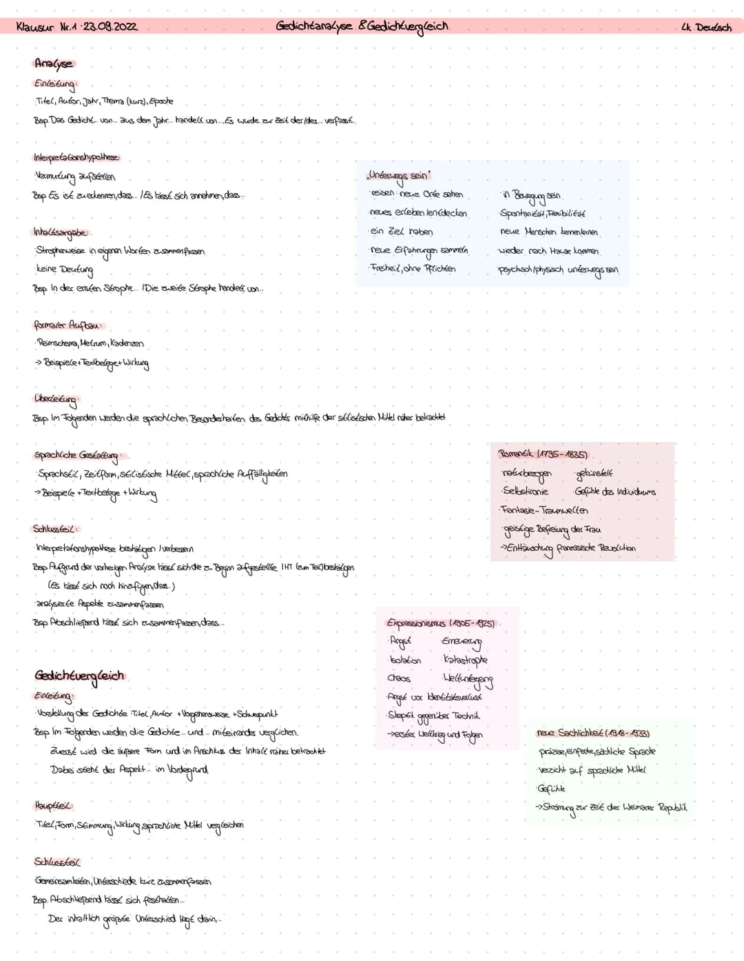 Klausur Nr.1 23.09.2022
Analyse
Einleitung:
Titel, Autor, Jahr, Thema (kurz), Epoche
Bsp. Das Gedicht von... aus dem Jahr. handelt von. Es w