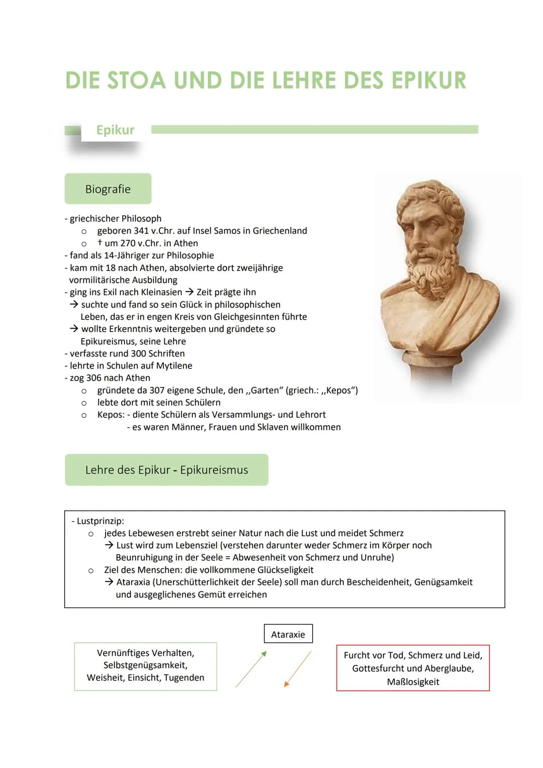 DIE STOA UND DIE LEHRE DES EPIKUR
Epikur
Biografie
- griechischer Philosoph
o geboren 341 v.Chr. auf Insel Samos in Griechenland
O
+ um 270 