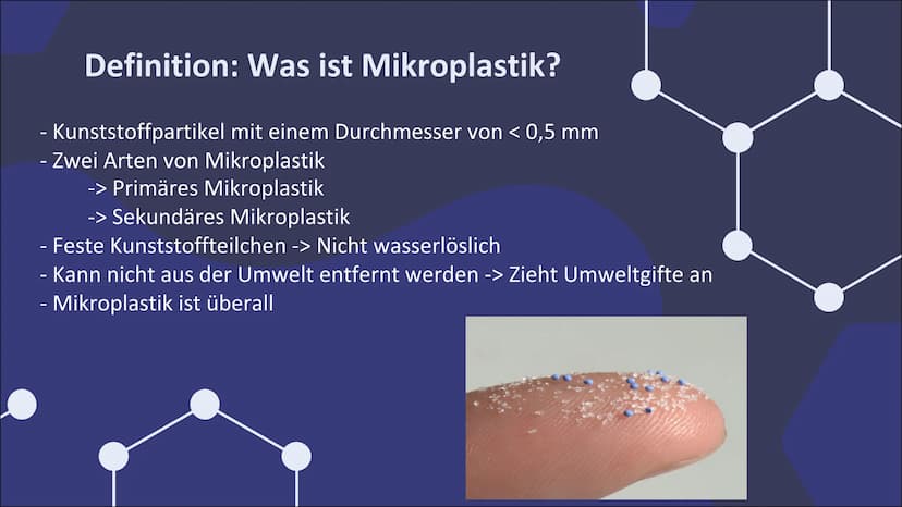 Mikroplastik
Eine Präsentation von ..... & Jill Inhaltsverzeichnis
Definition
Arten von Mikroplastik
Vorkommen
-> Produkte
Ursprung
Folgen f