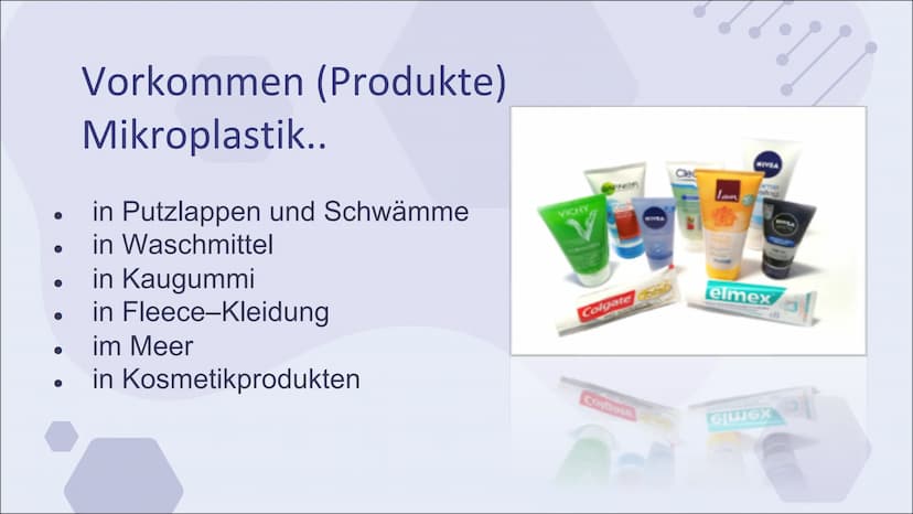 Mikroplastik
Eine Präsentation von ..... & Jill Inhaltsverzeichnis
Definition
Arten von Mikroplastik
Vorkommen
-> Produkte
Ursprung
Folgen f