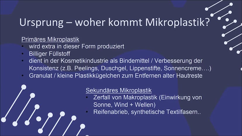 Mikroplastik
Eine Präsentation von ..... & Jill Inhaltsverzeichnis
Definition
Arten von Mikroplastik
Vorkommen
-> Produkte
Ursprung
Folgen f