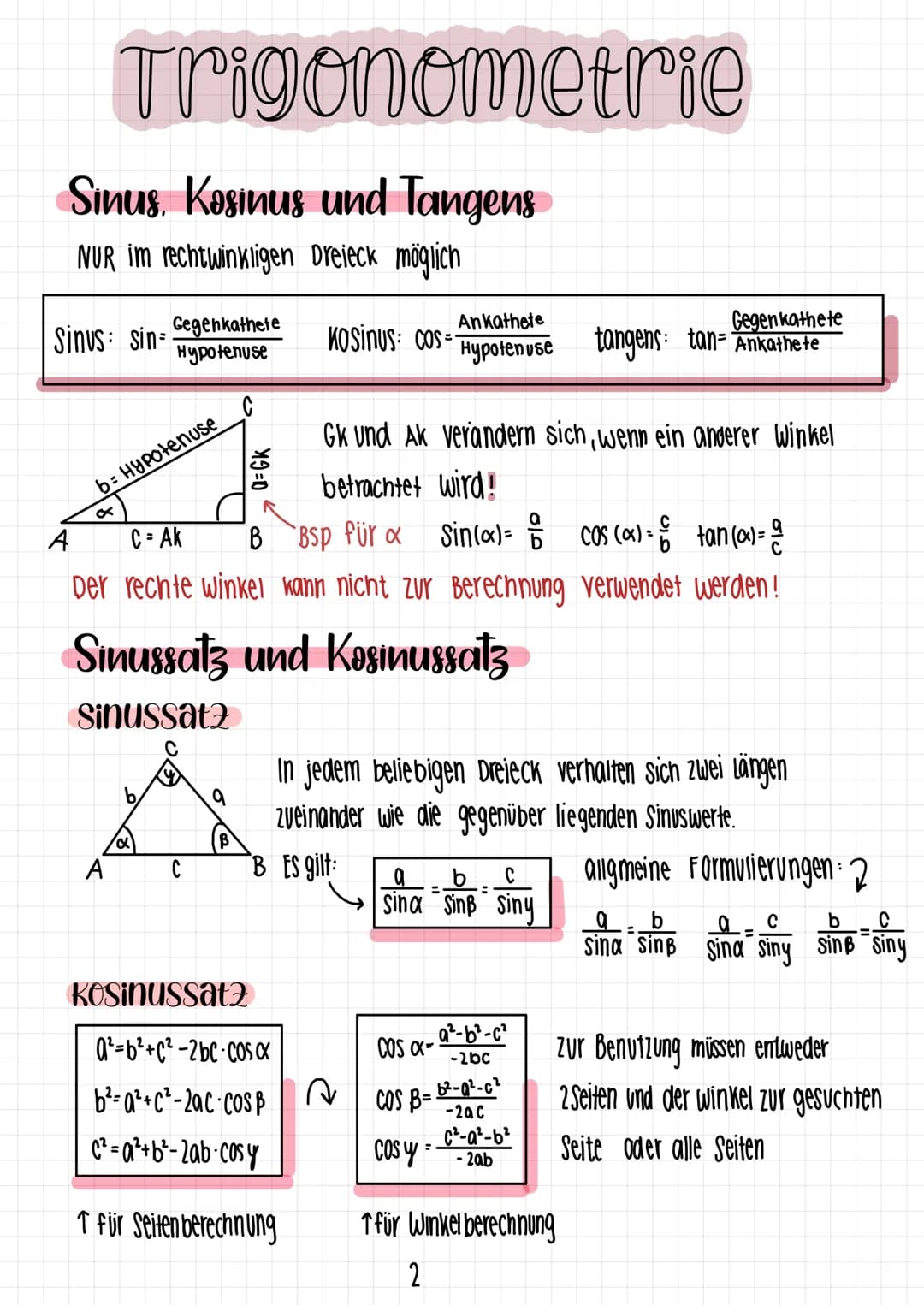 satz des Phythagoras →gilt NUR für rechtwinklige Dreiecke
Begriffe am rechtwinkligen Dreieck:
C
b
A
Trigonometrie
a
G
Die Hypotenuse (Hy) is