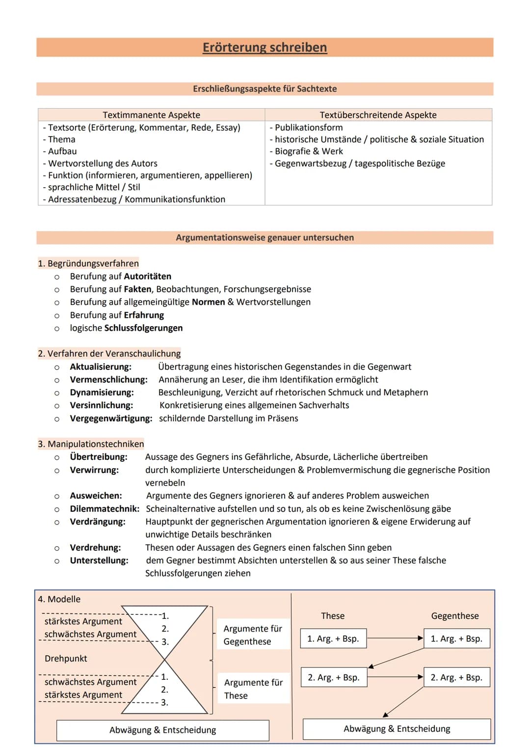 1. Begründungsverfahren
Textimmanente Aspekte
- Textsorte (Erörterung, Kommentar, Rede, Essay)
- Thema
- Aufbau
- Wertvorstellung des Autors