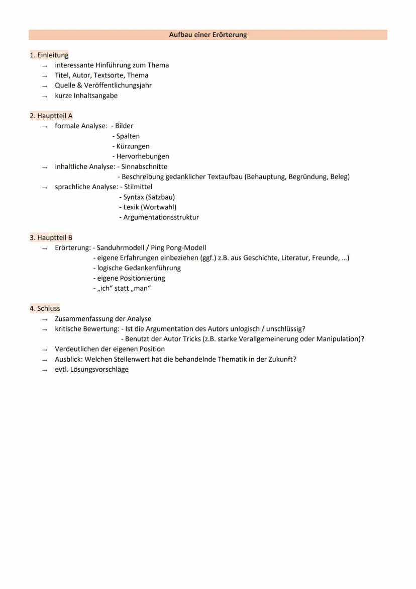 1. Begründungsverfahren
Textimmanente Aspekte
- Textsorte (Erörterung, Kommentar, Rede, Essay)
- Thema
- Aufbau
- Wertvorstellung des Autors