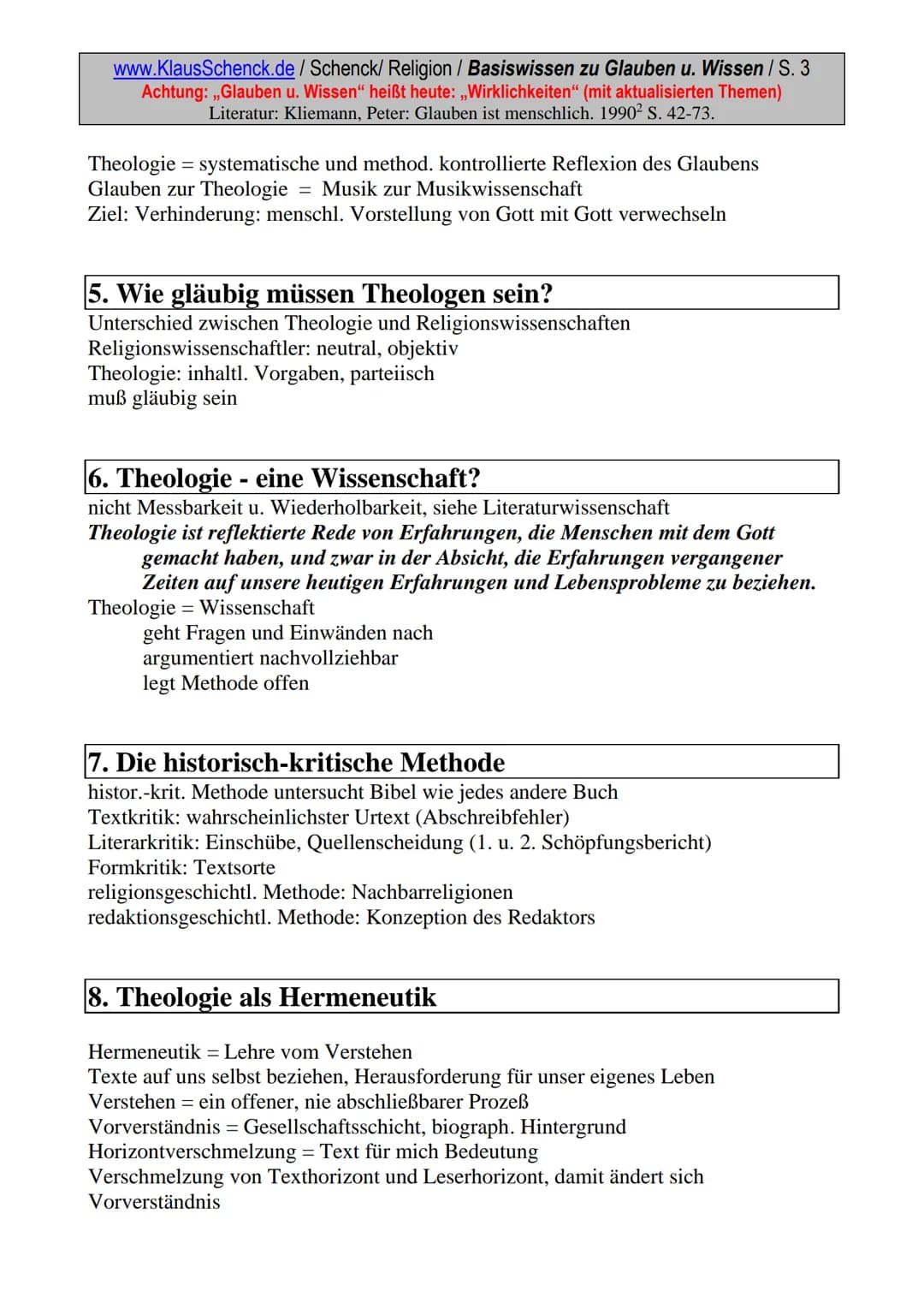 www.KlausSchenck.de / Schenck/ Religion / Basiswissen zu Glauben u. Wissen / S. 1
Achtung: ,,Glauben u. Wissen" heißt heute: ,,Wirklichkeite