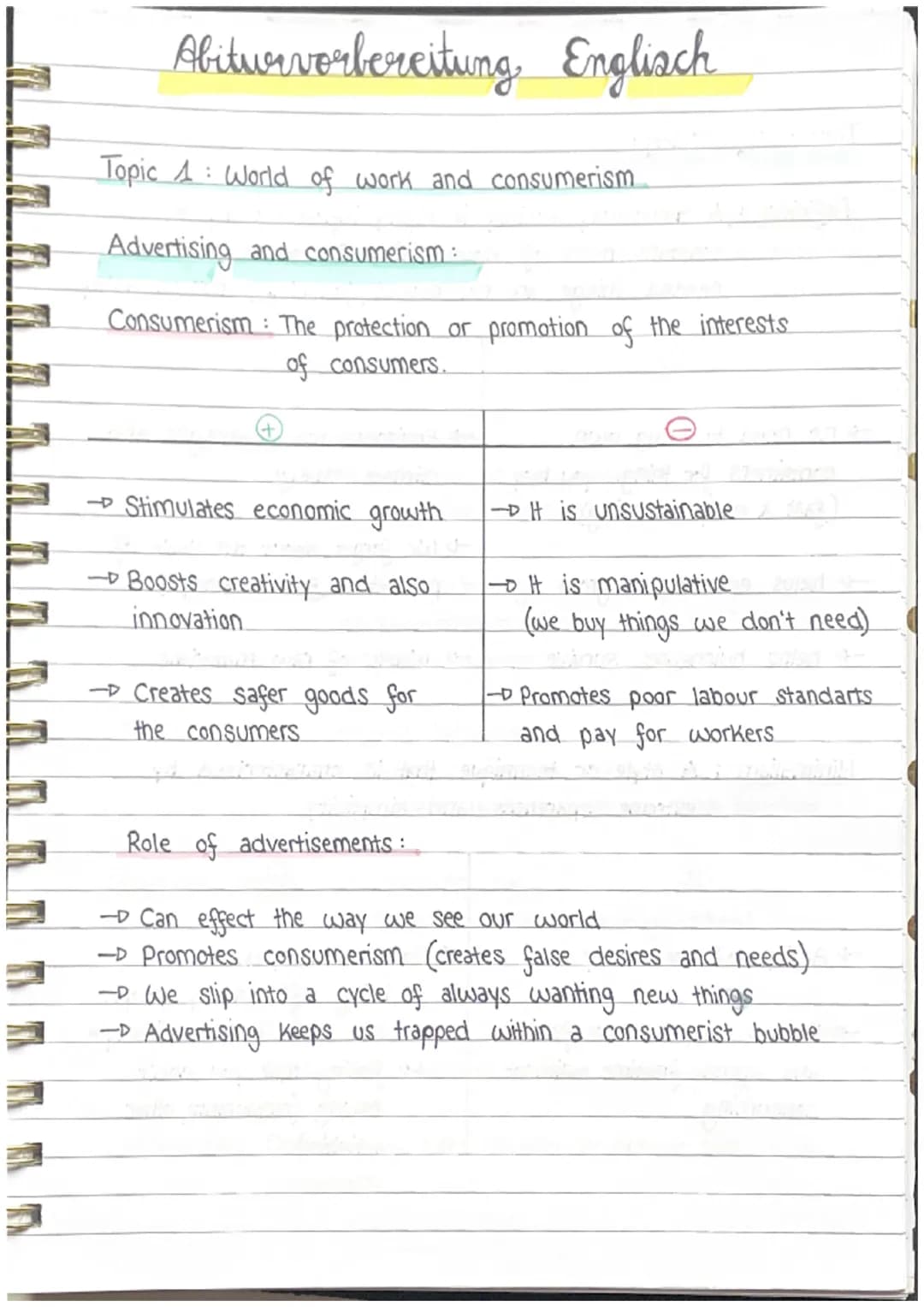 Abiturvorbereitung Englisch
Topic 1: World of work and consumerism
Advertising and consumerism:
Consumerism: The protection or promotion of 