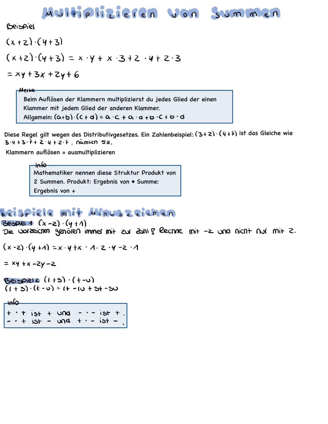 Beispiel
Multiplizieren von
(x+2)·(4+3)
(x+2)(4+3) = xy + x·3+2·4+2·3
=xy + 3x + 2y + 6
Merke
Beim Auflösen der Klammern multiplizierst du j