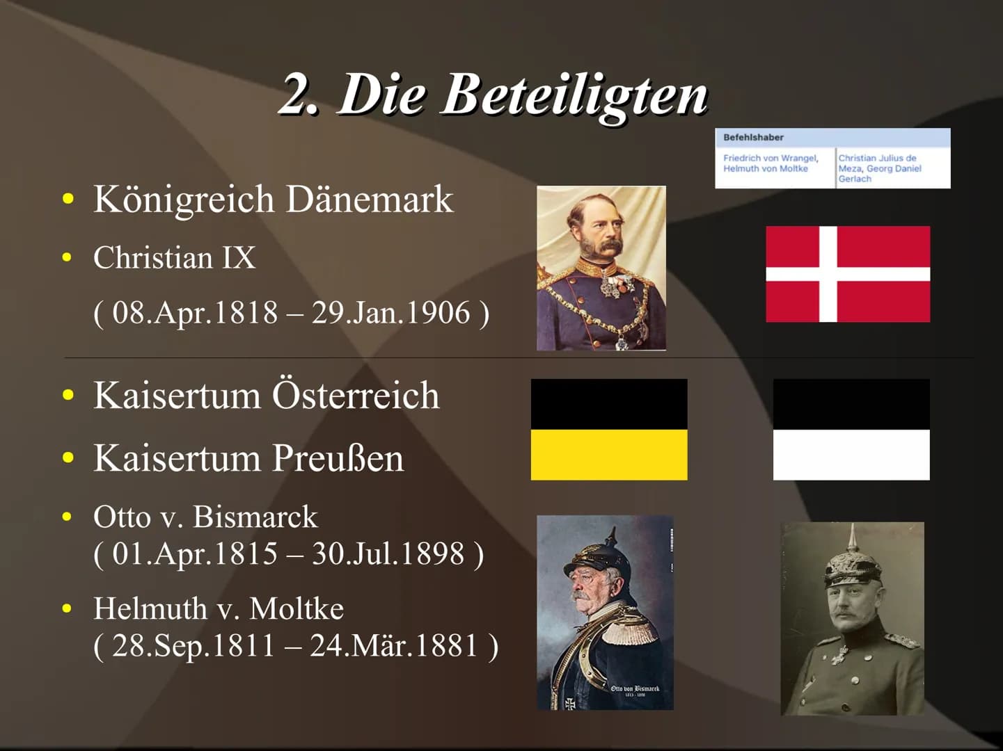 
<h2 id="hintergrndeauslser">Hintergründe / Auslöser</h2>
<p>Der Deutsch-Dänische Krieg wurde durch die Eskalation der Schleswig-Holstein-Fr