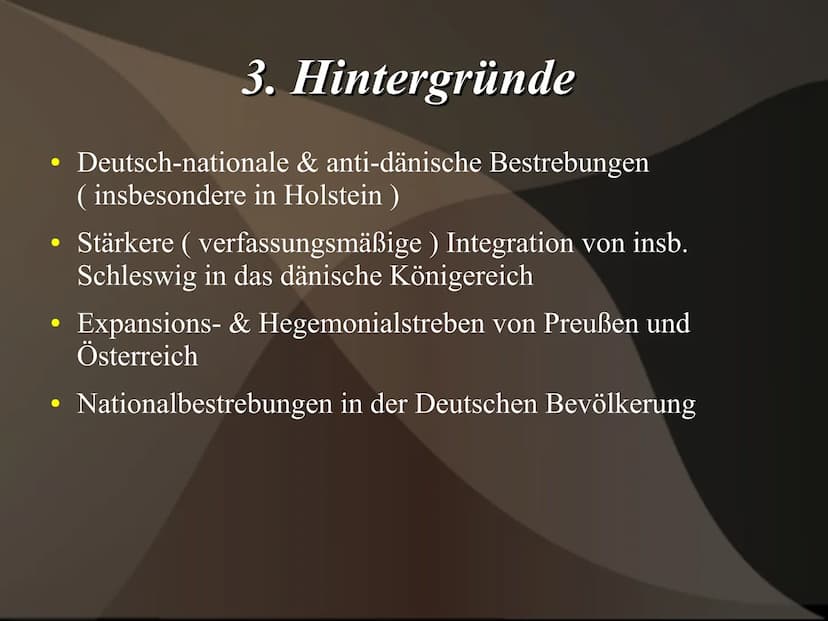 
<h2 id="hintergrndeauslser">Hintergründe / Auslöser</h2>
<p>Der Deutsch-Dänische Krieg wurde durch die Eskalation der Schleswig-Holstein-Fr