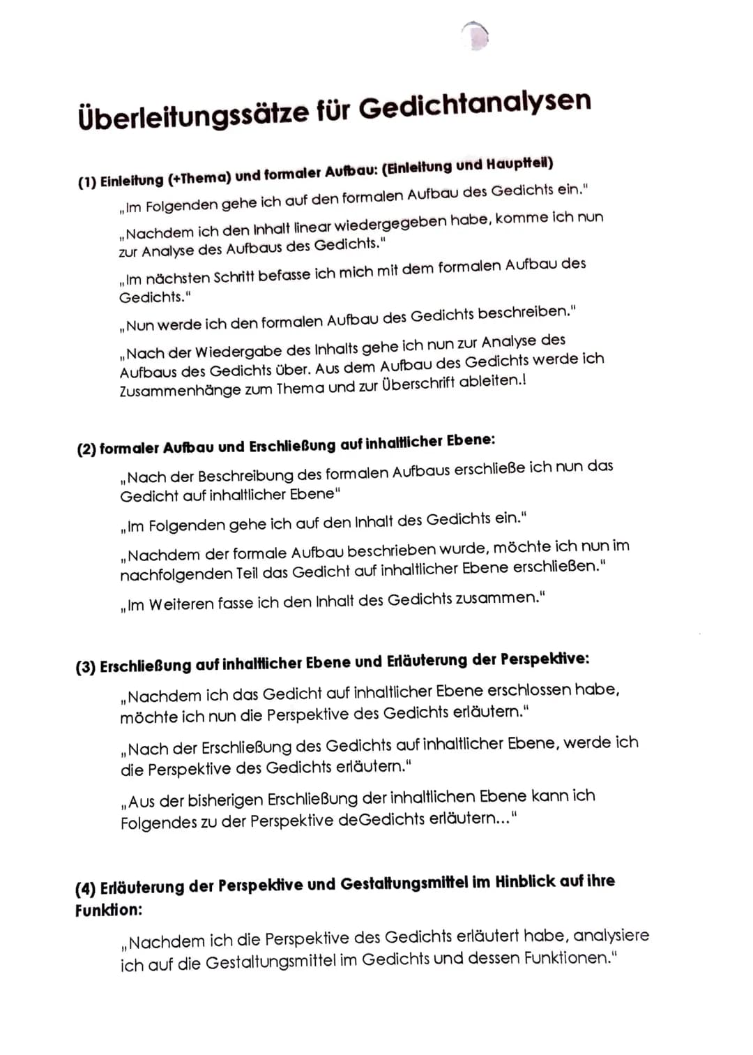 Überleitungssätze für Gedichtanalysen
(1) Einleitung (+Thema) und formaler Aufbau: (Einleitung und Hauptteil)
,,Im Folgenden gehe ich auf de