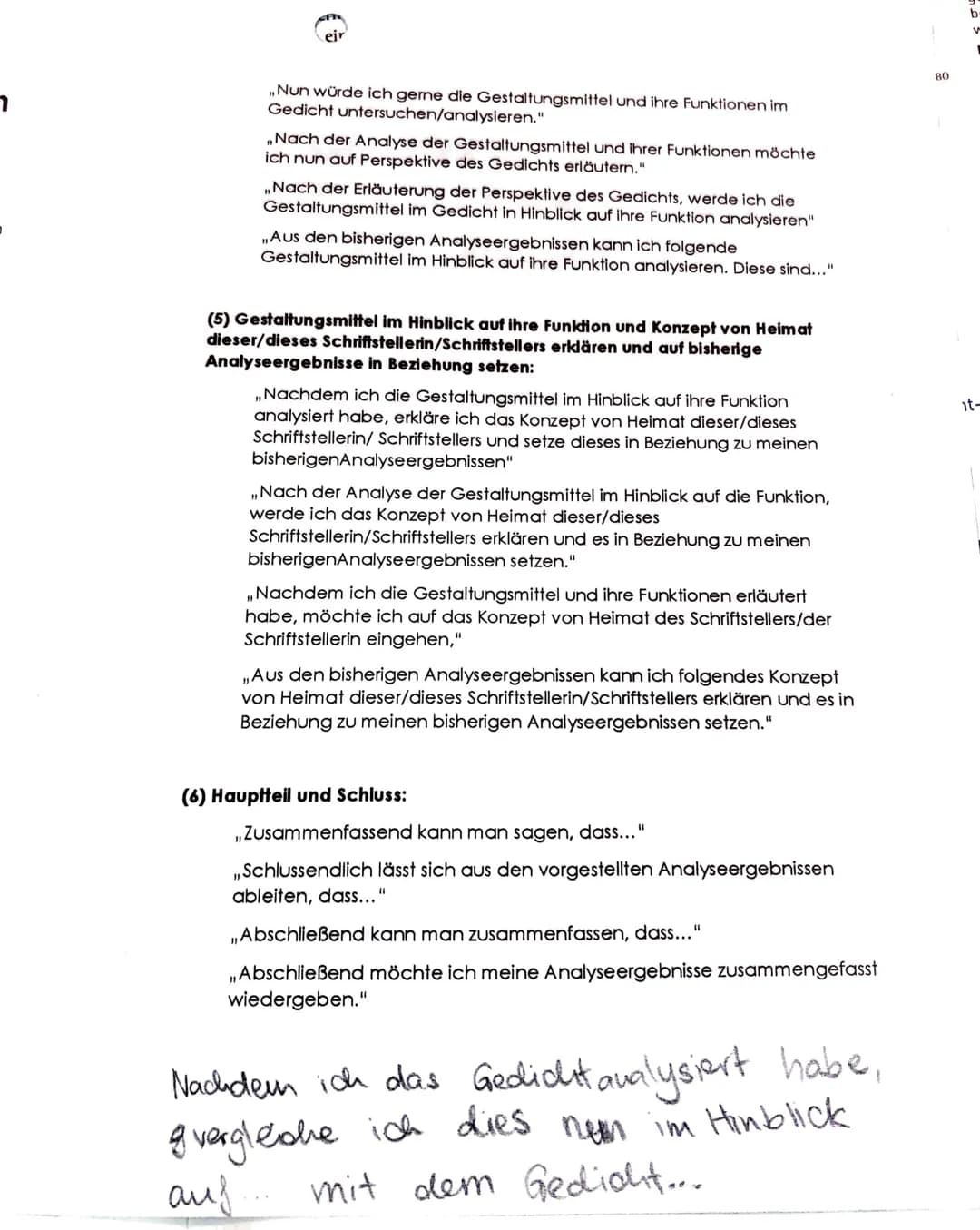 Überleitungssätze für Gedichtanalysen
(1) Einleitung (+Thema) und formaler Aufbau: (Einleitung und Hauptteil)
,,Im Folgenden gehe ich auf de