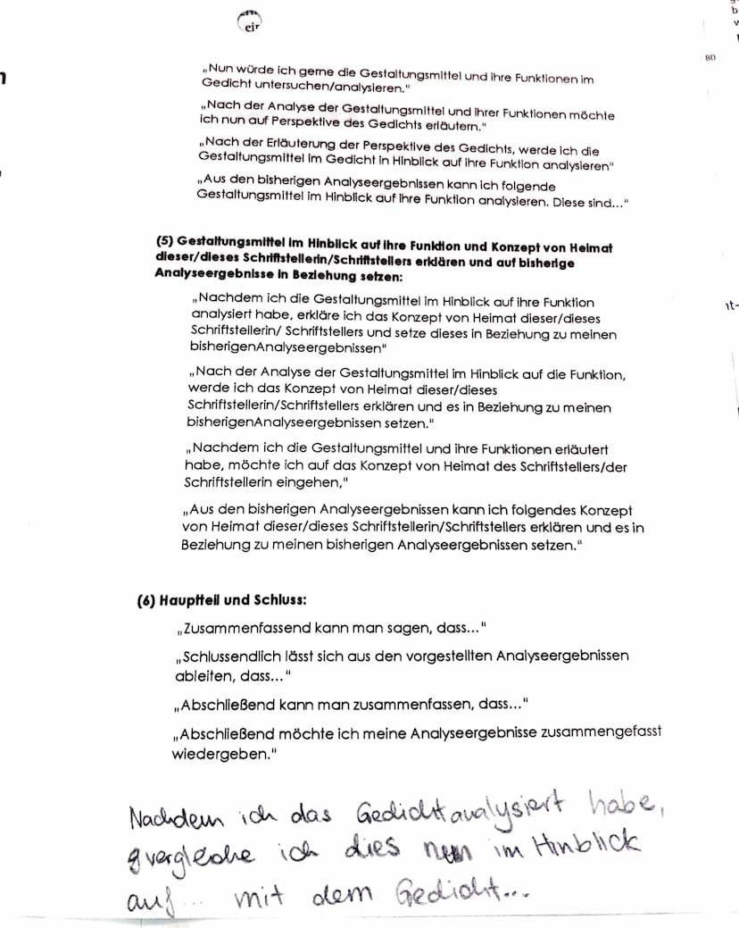 Überleitungssätze für Gedichtanalysen
(1) Einleitung (+Thema) und formaler Aufbau: (Einleitung und Hauptteil)
,,Im Folgenden gehe ich auf de