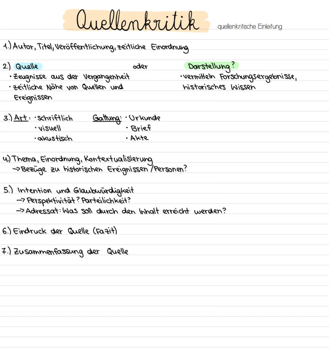 Quellenkritik
1.) Autor, Titel, Veröffentlichung, zeitliche Einordnung
2.) Quelle
•Zeugnisse aus der Vergangenheit
zeitliche Nähe von Quelle