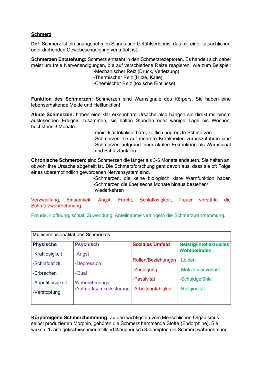 Schmerz
Def: Schmerz ist ein unangenehmes Sinnes und Gefühlserlebnis, das mit einer tatsächlichen
oder drohenden Gewebeschädigung verknüpft 