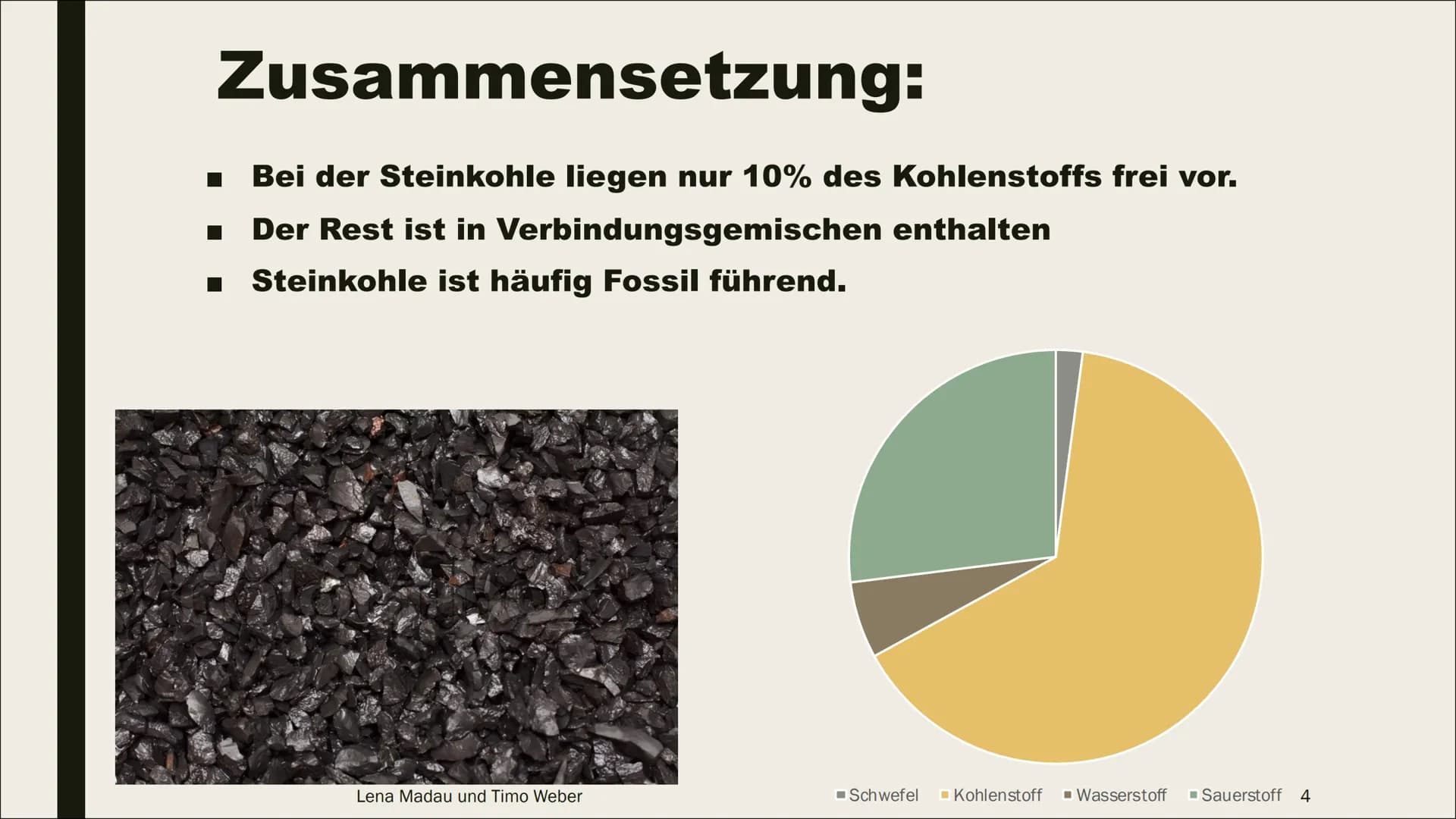 KOHLE Inhaltsverzeichnis:
■ Entstehung
Zusammensetzung
■ Gewinnung
■ Verwendung
Umweltproblematik
Lena Madau und Timo Weber
2 Entstehung:
To