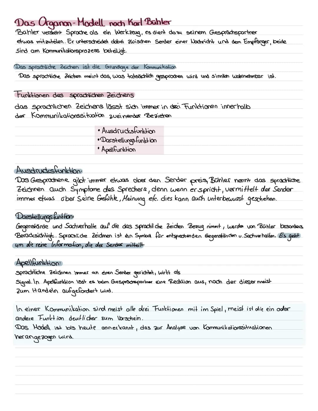 Das Organon-Modell nach Karl Bühler
Bahler versteht Sprache als ein Werkzeug, es dient dazu seinem Gesprächspartner
etwas mitzuteilen. Er un