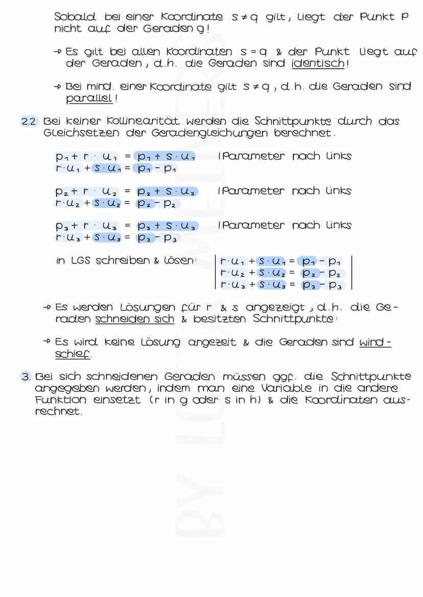 Lagebeziehung Gerade - Gerade
Sind die Richtungsvektoren ù &
✓ ein vielfaches von einander?
NEIN
Hat die Gleichung
p+rů=a+s✓ eine Lösung?
NE