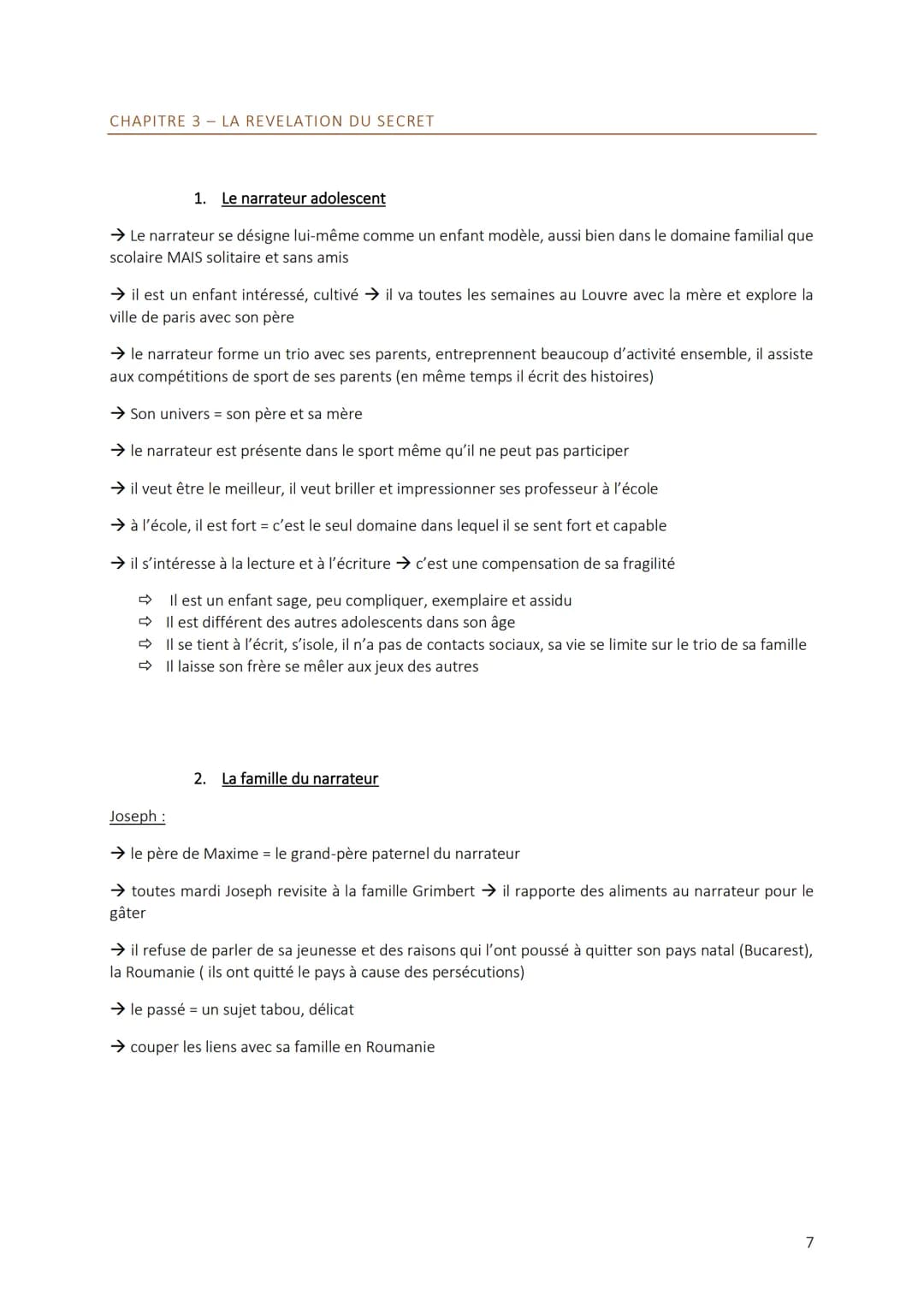 PHILIPPE GRIMBERT LE SECRET
CHAPITRE 1
1. Le narrateur
→ Fils unique, surprotection du fils se sent seul, peureuse et triste → il pleure sou