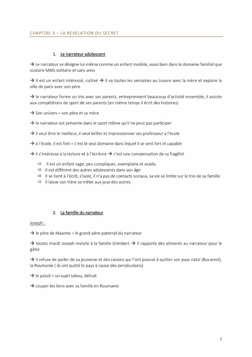 PHILIPPE GRIMBERT LE SECRET
CHAPITRE 1
1. Le narrateur
→ Fils unique, surprotection du fils se sent seul, peureuse et triste → il pleure sou