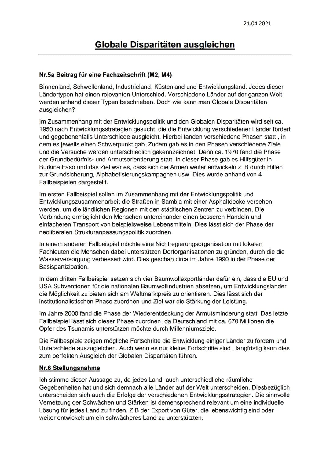 Globale Disparitäten ausgleichen
21.04.2021
Nr.5a Beitrag für eine Fachzeitschrift (M2, M4)
Binnenland, Schwellenland, Industrieland, Küsten