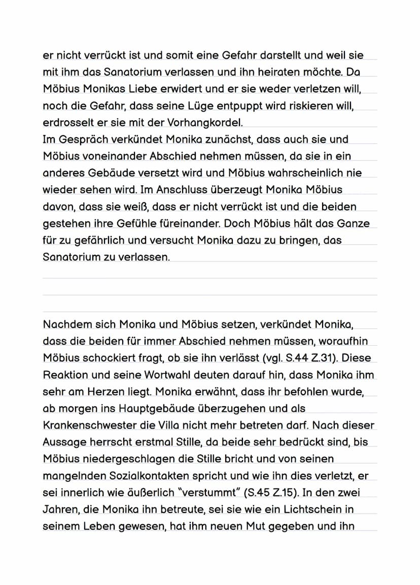 Szenenanalyce
Im Folgenden wird das Gespräch zwischen Möbius und
Schwester Monika auf den Seiten 44-47 des Dramas "Die
Physiker" von Friedri
