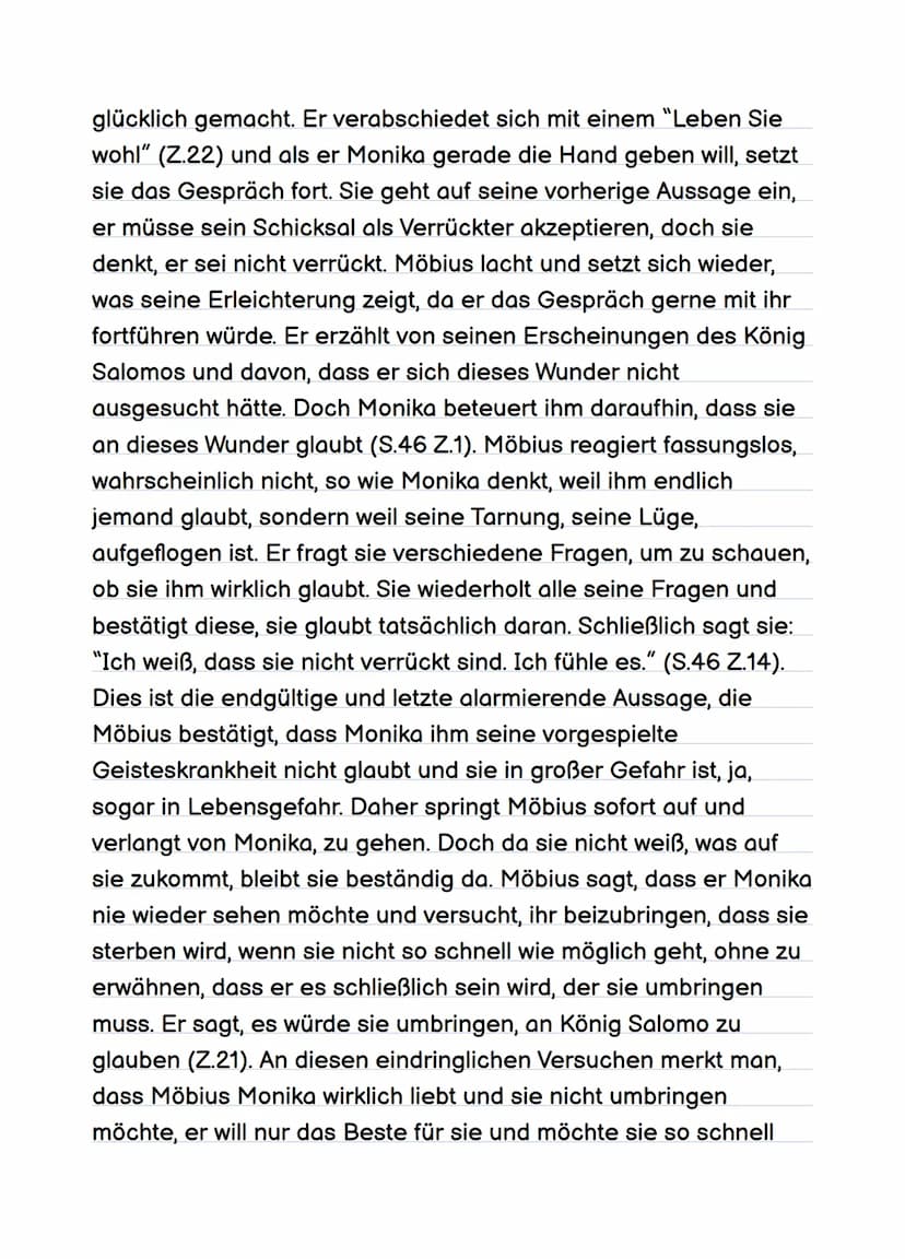 Szenenanalyce
Im Folgenden wird das Gespräch zwischen Möbius und
Schwester Monika auf den Seiten 44-47 des Dramas "Die
Physiker" von Friedri
