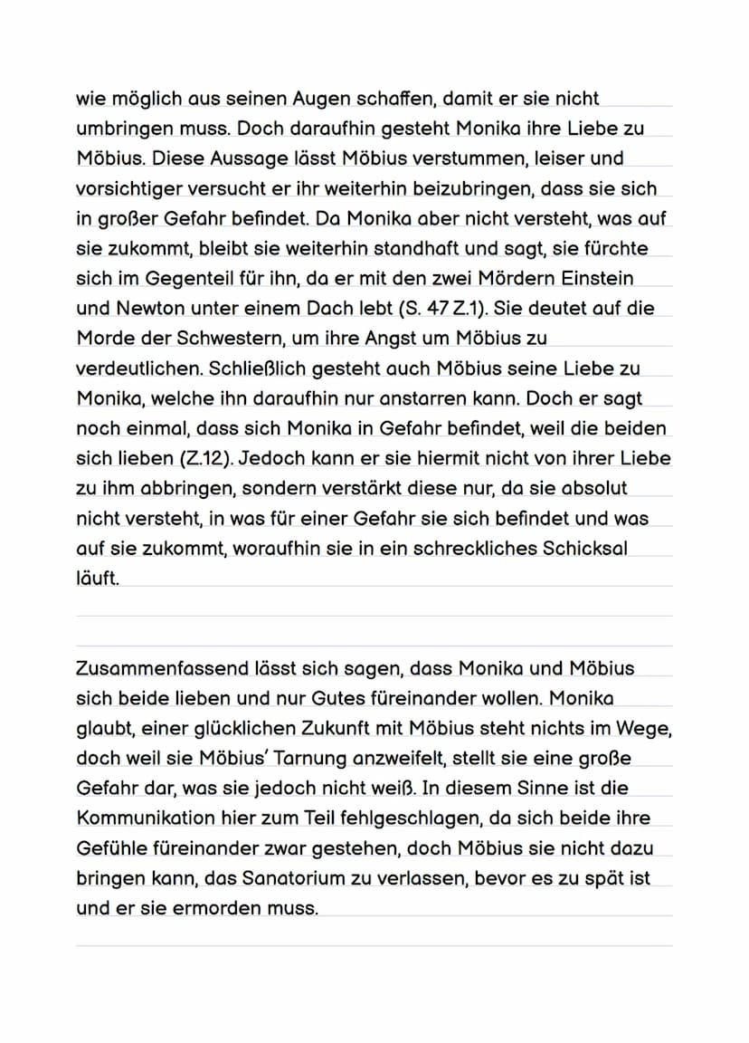 Szenenanalyce
Im Folgenden wird das Gespräch zwischen Möbius und
Schwester Monika auf den Seiten 44-47 des Dramas "Die
Physiker" von Friedri