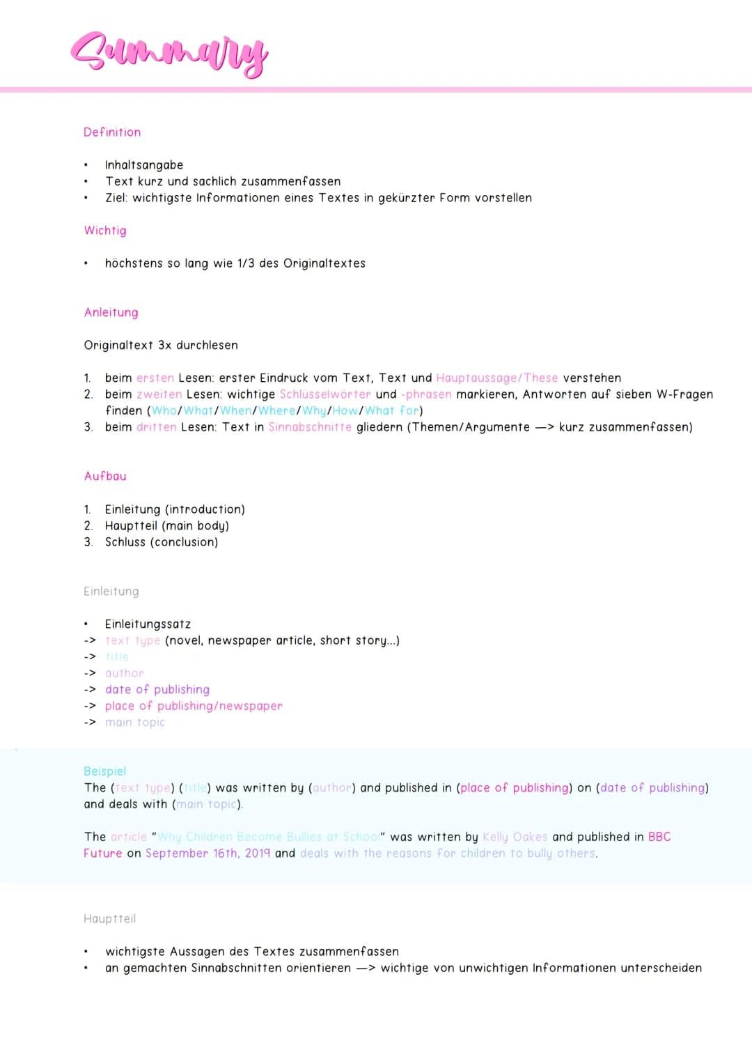 Summary
Definition
Inhaltsangabe
Text kurz und sachlich zusammenfassen
Ziel: wichtigste Informationen eines Textes in gekürzter Form vorstel