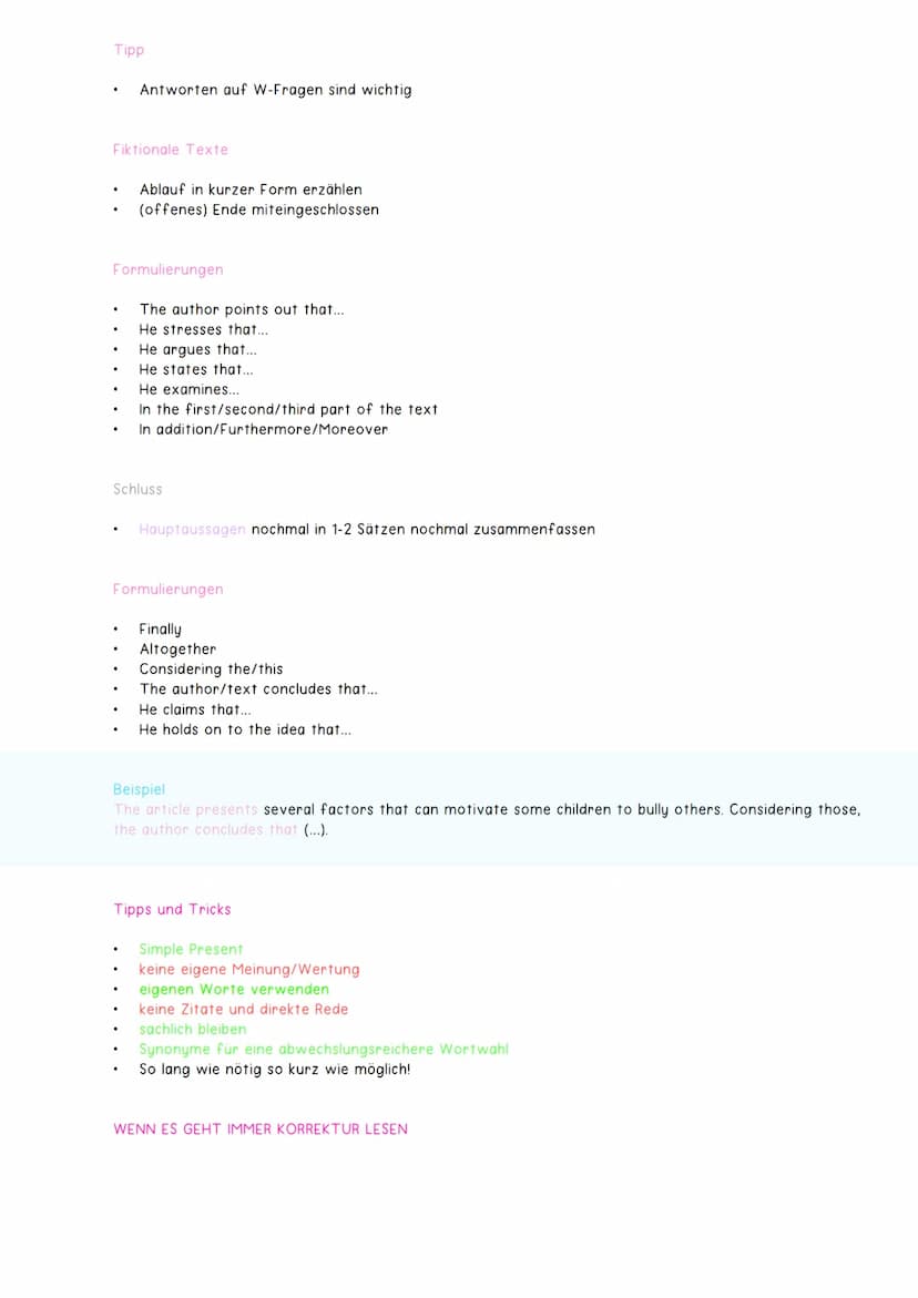 Summary
Definition
Inhaltsangabe
Text kurz und sachlich zusammenfassen
Ziel: wichtigste Informationen eines Textes in gekürzter Form vorstel