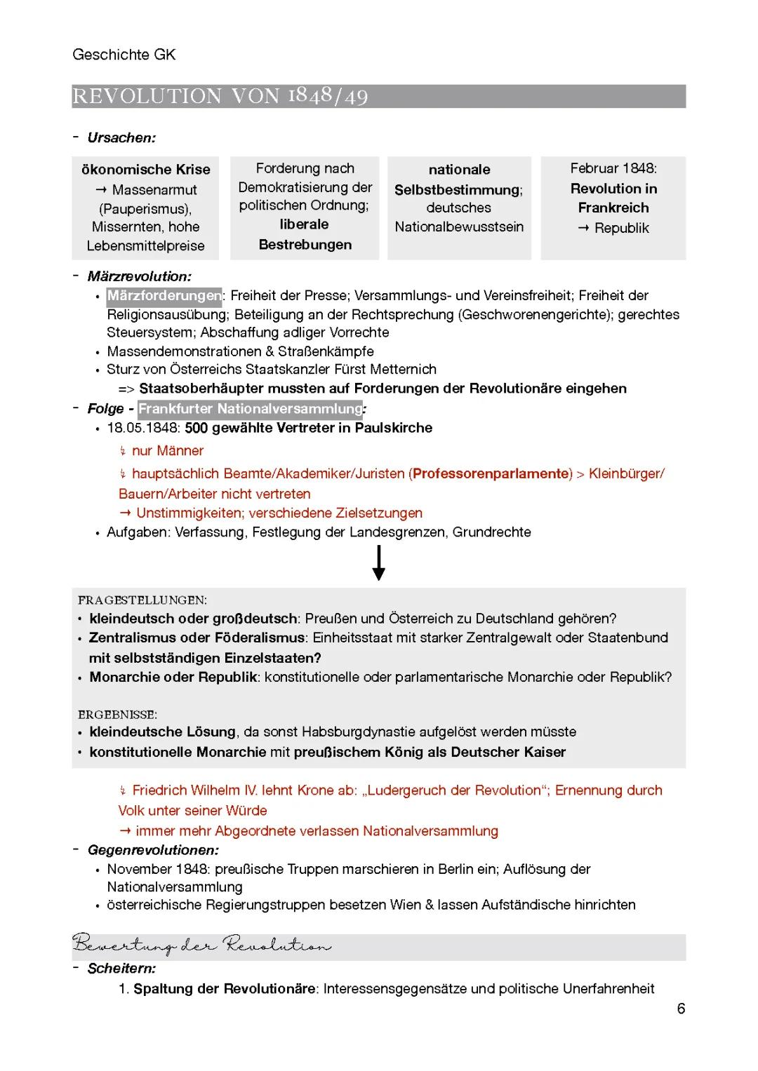 Revolution von 1848/49 × Ursachen, Folgen, Bewertung und Vergleich mit der Reichsgründung 1871