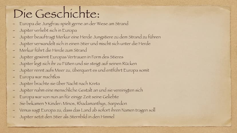Liliana
Europa und Jupiter
Ovid Metamorphosen
& Hannah Jelinski Die Charaktere
Jupiter: Götterkönig
Merkur: Gott der Hirten und der Reisende
