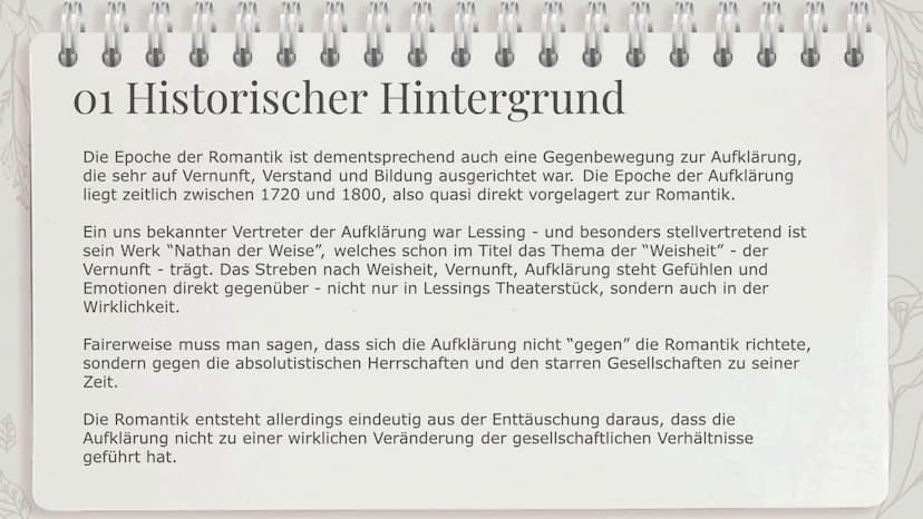 Epoche der
Romantik
3m Inhalt
01
Historischer
Hintergrund
02
Motive,
Symbole, Form
$$
03
Bekannte
Werke 01 Historischer Hintergrund
Die Epoc