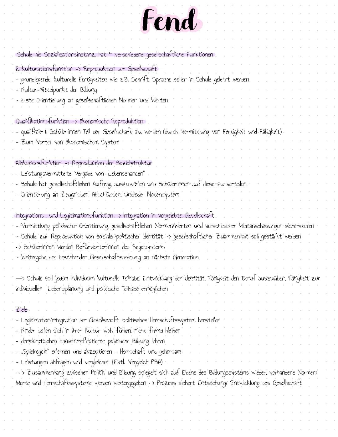 Fend Lernzettel/Zusammenfassung Pädagogik LK Q2