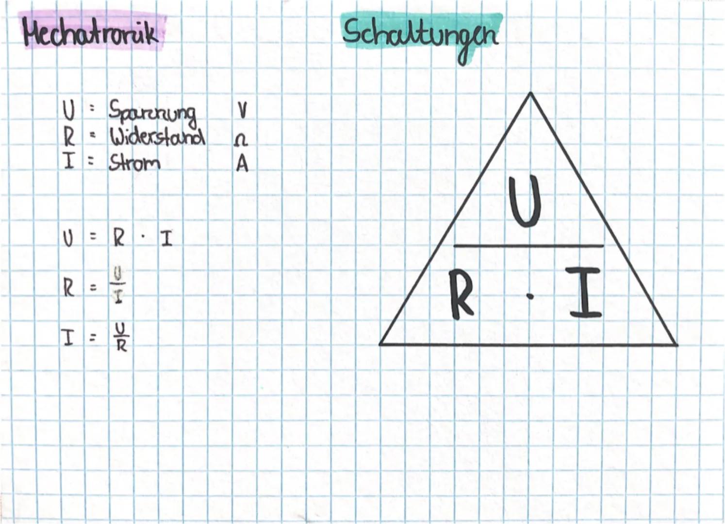 Mechatronik
:
U = Sparnung
R Widerstand
I= Strom
U =R
R
TE
A/CH/C
.
H
V
A
Schaltungen
U
RI Reihenschaltung
Stromstärke (A) Iges= I₁ = I₂ =
I
