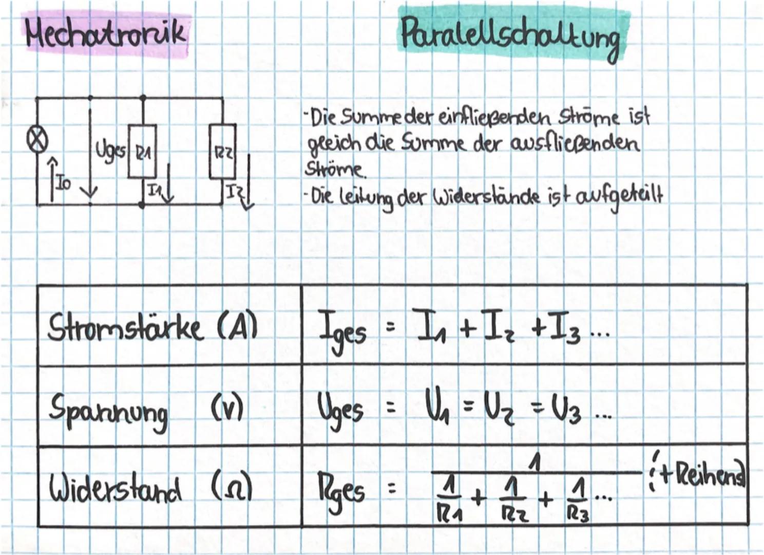 Mechatronik
:
U = Sparnung
R Widerstand
I= Strom
U =R
R
TE
A/CH/C
.
H
V
A
Schaltungen
U
RI Reihenschaltung
Stromstärke (A) Iges= I₁ = I₂ =
I