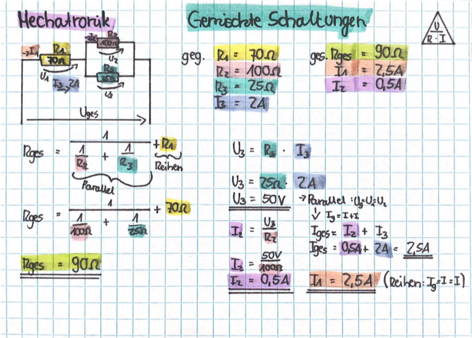 Mechatronik
:
U = Sparnung
R Widerstand
I= Strom
U =R
R
TE
A/CH/C
.
H
V
A
Schaltungen
U
RI Reihenschaltung
Stromstärke (A) Iges= I₁ = I₂ =
I