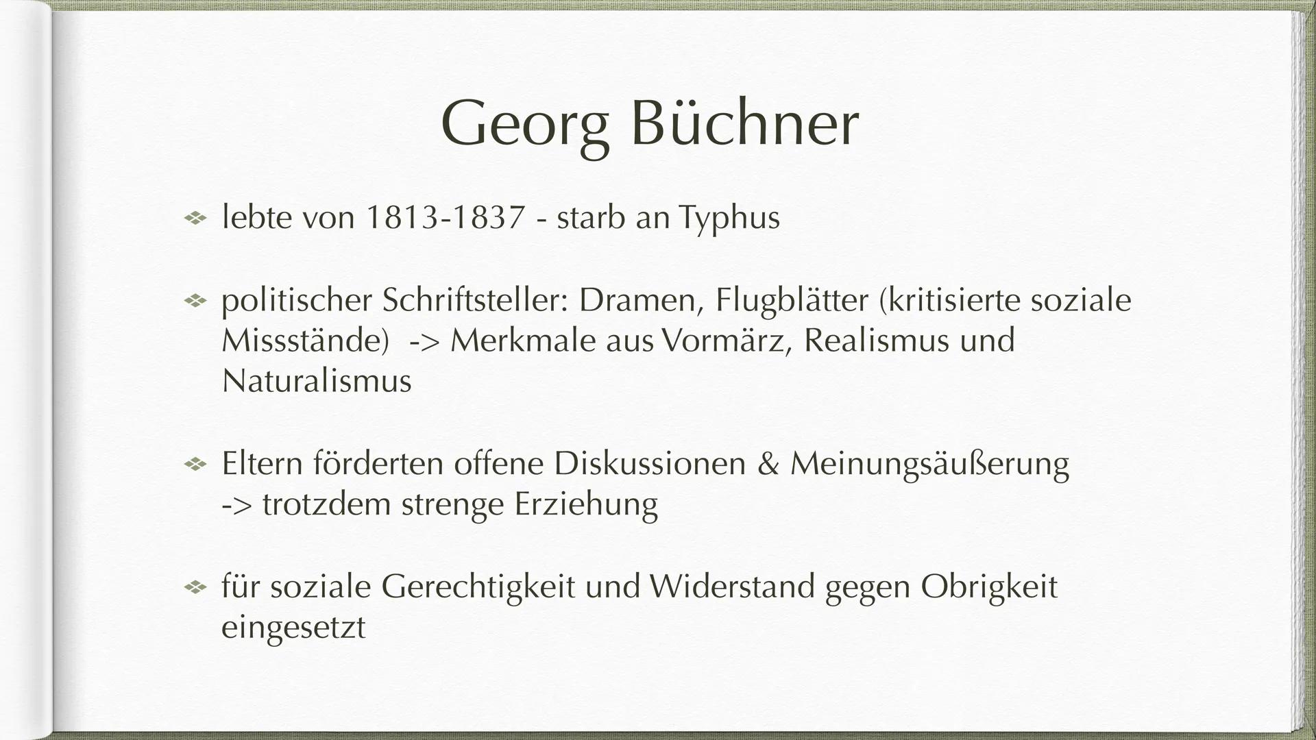  Georg Büchner und
Woyzeck als offenes Drama GLIEDERUNG
→ Die 3 aristotelischen Einheiten
→ Geschlossenes und offenes Drama - nach
Gustav Fr