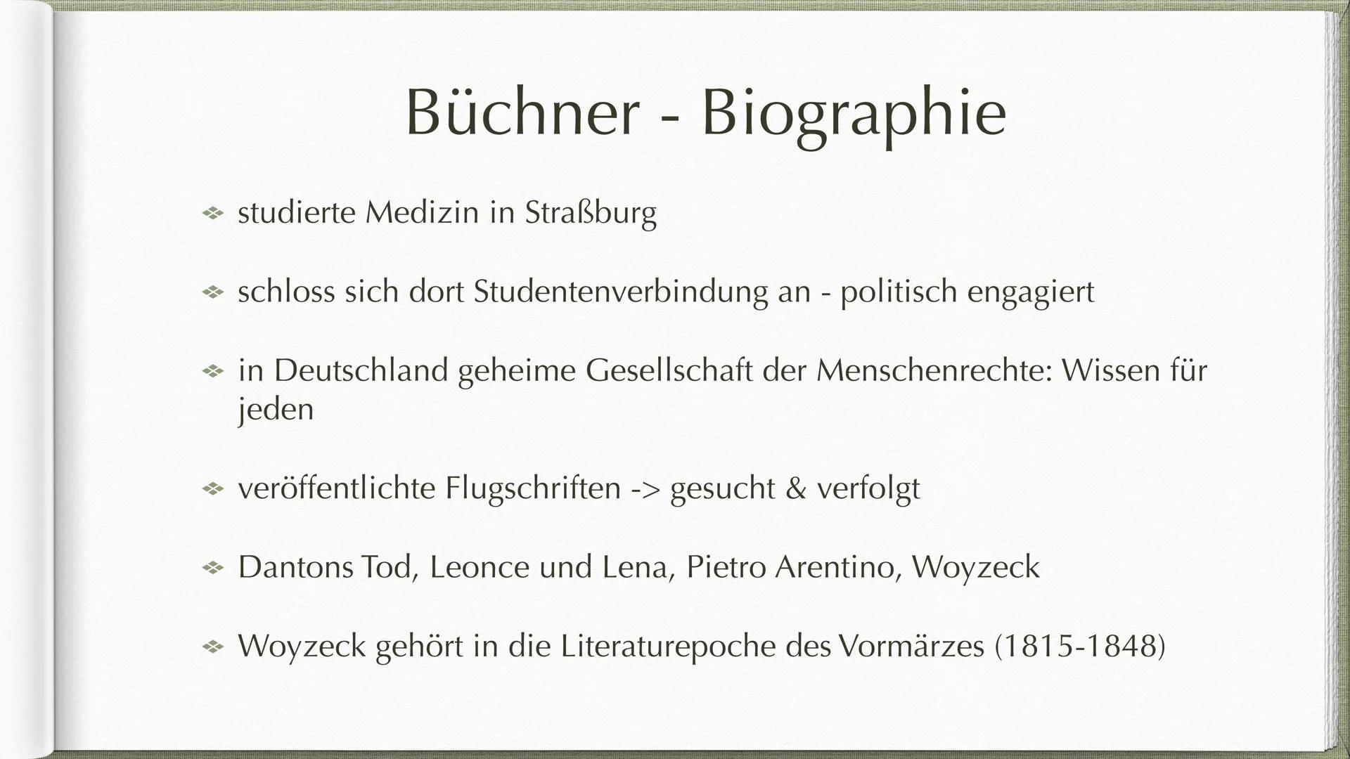  Georg Büchner und
Woyzeck als offenes Drama GLIEDERUNG
→ Die 3 aristotelischen Einheiten
→ Geschlossenes und offenes Drama - nach
Gustav Fr